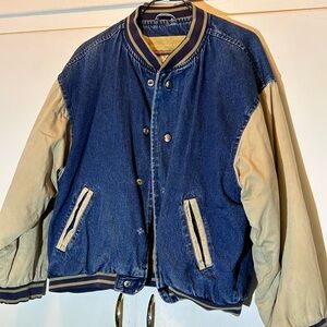 Men's Denim & Tan BomberJacket - Classic Varsity Style